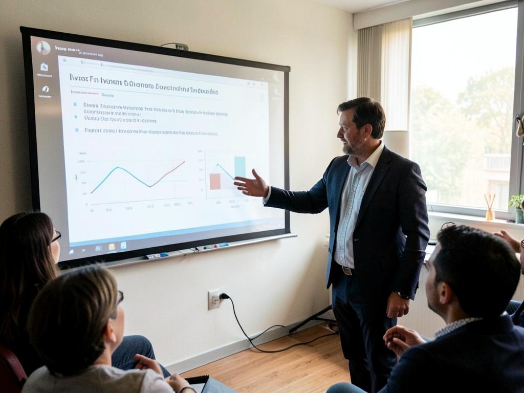 A founder presenting a pitch deck slide in a small meeting room