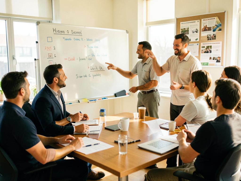A presenter explaining at a whiteboard to seated colleagues
