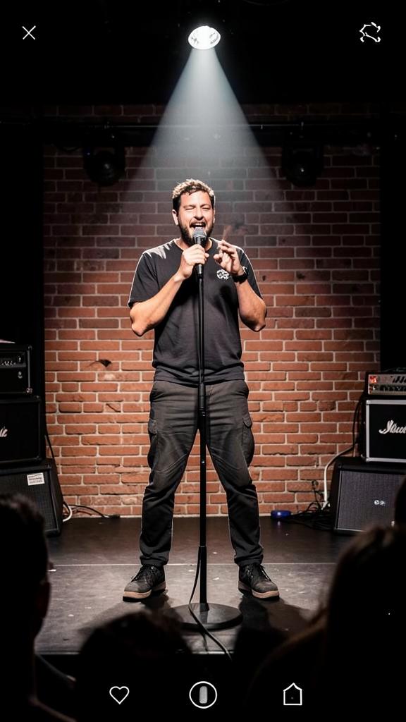 A stand-up comedian on a small club stage