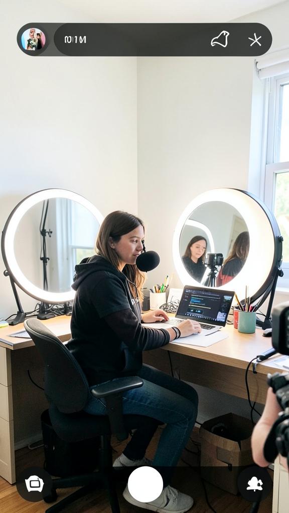 A creator filming a video at a ring-light desk setup