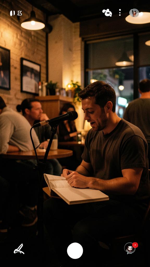 A poet reading at an intimate open mic night