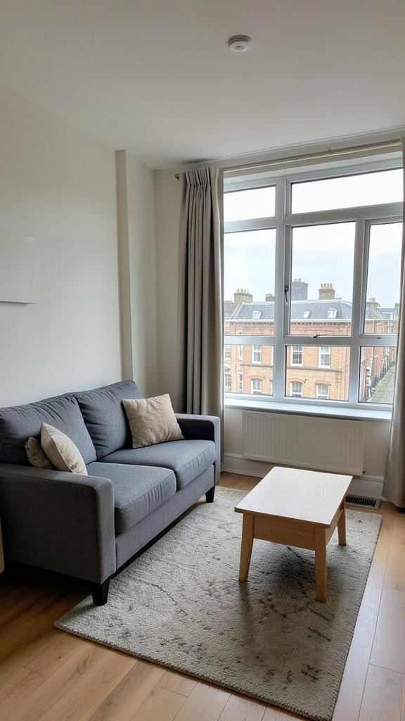 A modest, bright apartment living room with a city view