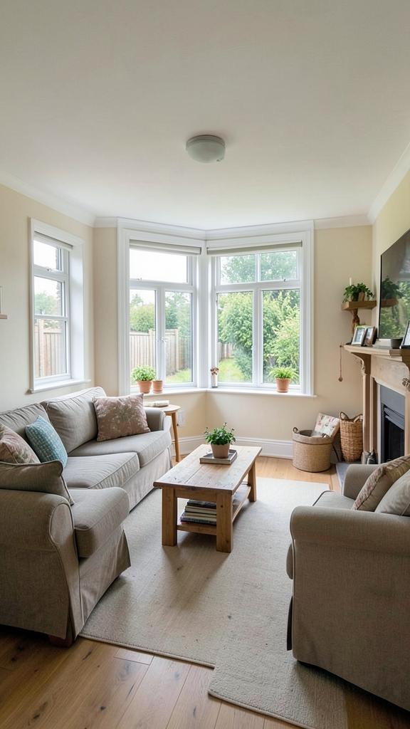 A normal family living room with a bay window