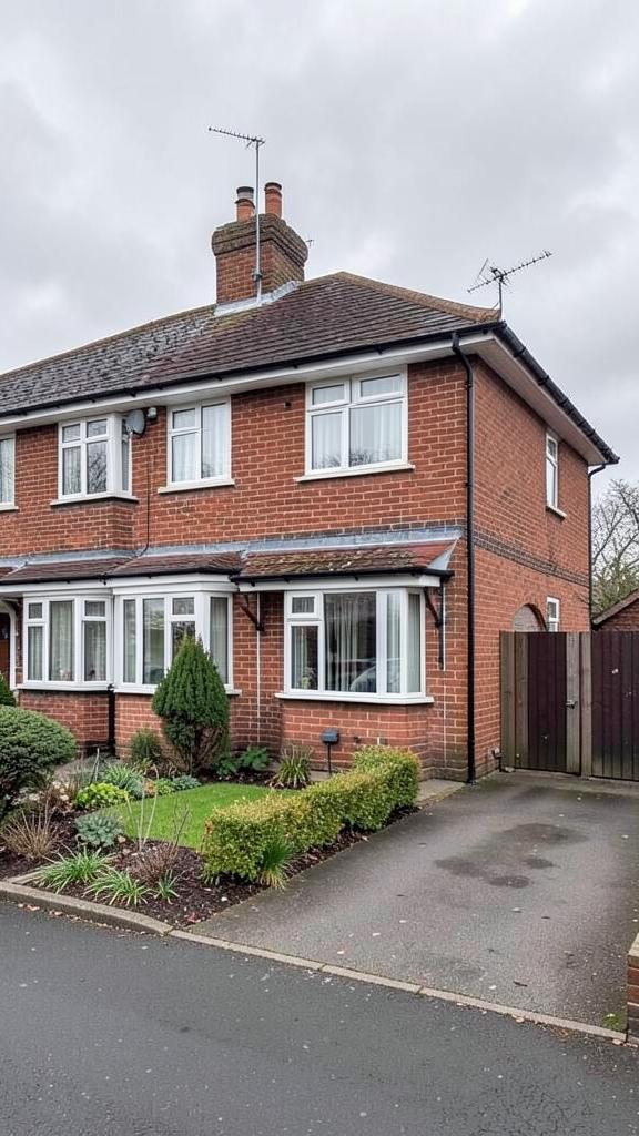 An ordinary red-brick semi-detached house with a small front garden